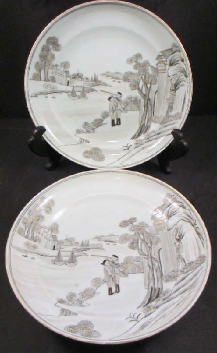 PAIR OF RARE CHINESE GRISAILLE EXPORT PORCELAIN PLATES WITH EUROPEAN SUBJECTS!