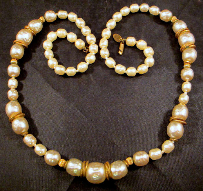 VINTAGE MIRIAM HASKELL GRADUATED BAROQUE PEARL & GOLDTONE BRAIDED SPACER NECKLACE - SUPER HEAVY!
