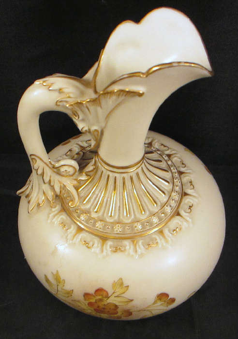 BEAUTIFUL ANTIQUE ROYAL WORCESTER IVORY EWER WITH DOLPHIN HANDLE!