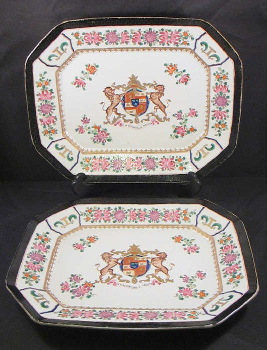 LARGE PAIR OF 18TH CENTURY CHINESE EXPORT ARMORIAL PORCELAIN PLATTERS WITH FAMILLE ROSE DECORATION CIRCA 1790!