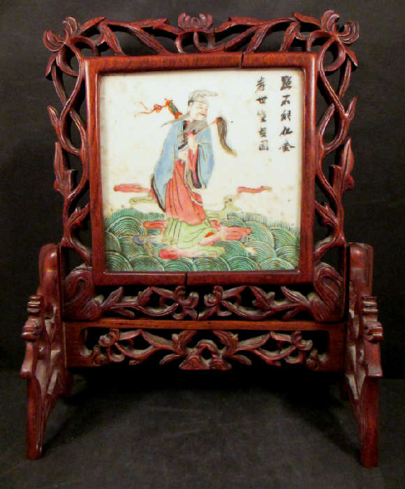 19TH CENTURY CHINESE FAMILLE ROSE & CARVED ROSEWOOD TABLE SCREEN!