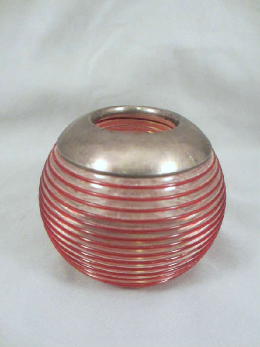 ANTIQUE ENGLISH CRYSTAL & RED THREADED GLASS MATCH HOLDER OR STRIKE WITH STERLING SILVER RIM!