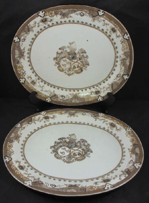 RARE PAIR OF 18TH CENTURY CHINESE GRISAILLE & GOLD LARGE EXPORT ARMORIAL PLATTERS WITH EUROPEAN DECORATION CIRCA 1775!