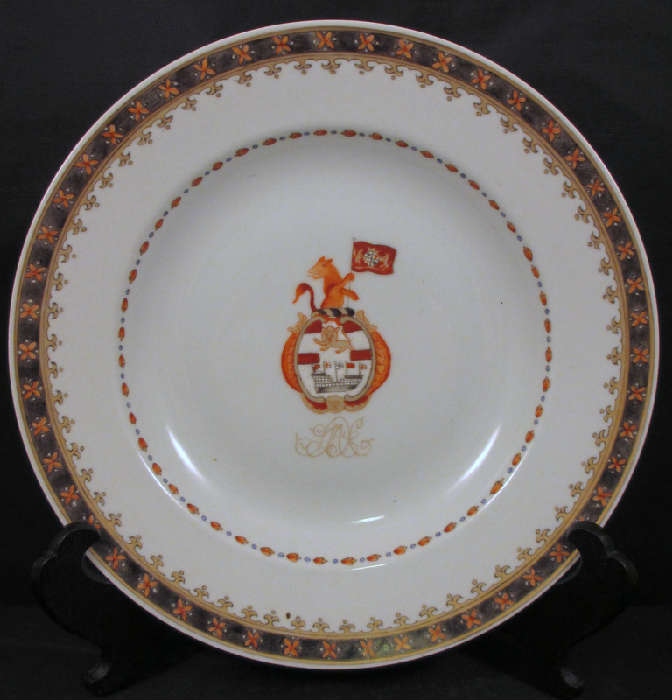 INTERESTING 18TH CENTURY CHINESE ARMORIAL PLATE WITH MULTI-FLAG SHIP CIRCA 1770!