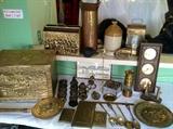 JG DENTON crock, Brass Lantern E. Thomas and Williams , figurative magazine rack and box, misc brass decor