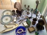 Sterling Silver Waterford Crystal S and P set, 50s Boomerang Ashtray USA, Elgin American lighter and cig holder in original box, Anthe old candelabra set silver plate set England , silver plate swan dish Leonard, Wedgwood plates, Sculpture Austin Prode 1980