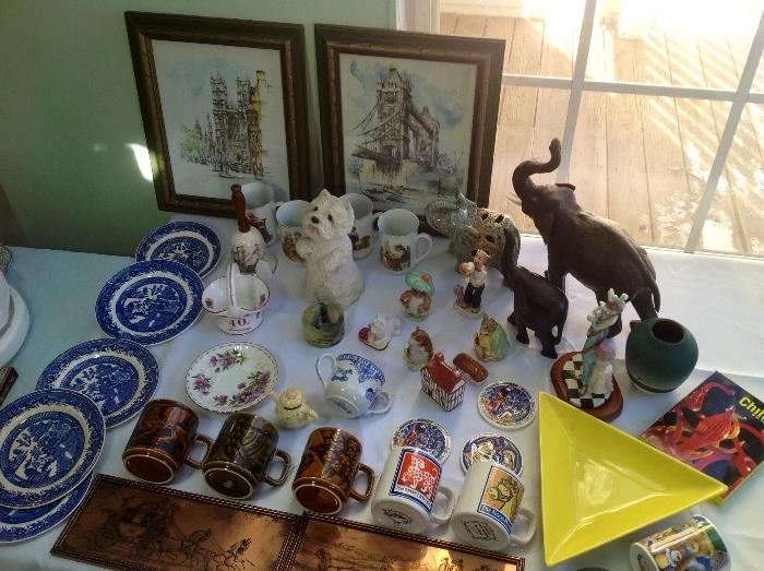 Sandi Cast White Terrier, Elephant  collection, Hornsea England cups, Set of 5 Willow Victopia Porcelin Fenton England, Norman Rockwell Cups, Royal Grafton Mary Rose Bell from England, Framed Etch master original framed Copper Stagecoast England, Beatrice Potter Figurines and plates