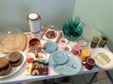 Old baskets handwoven from Charelston?, GHC England Mugs, Dishes Vernon Ware by Metlox, Vintage Wales Griffin Dishes, Debonair Pottery England, Green Salad and stemware set glass, Overnproof French Onion Stoneware