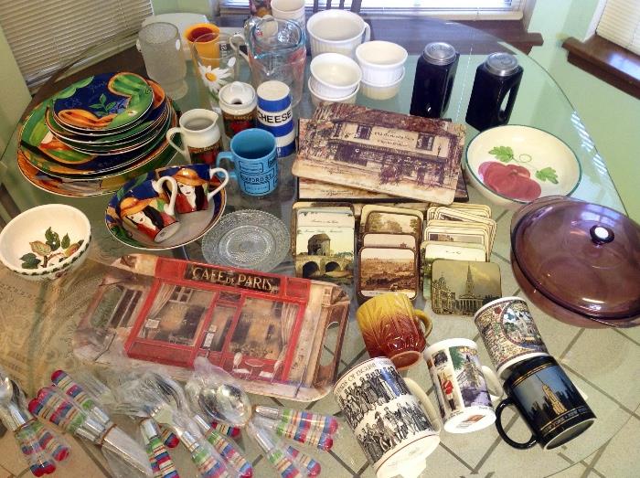 Collectible Cups from England, Black S and P shaker, Cheese Shaker, Brooks Bros decorative Coasters, Corning Ware Baking Set, Vintage Pyrex Measuring cups, tons of Unique kitchen items many from England