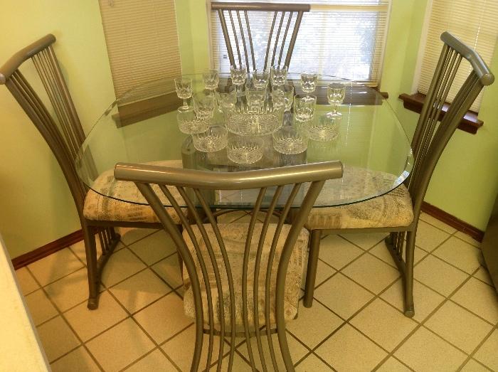 Glass table and 4 chairs streamline design, Arcoroc France crystal/ glass 