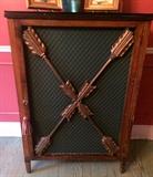 French 1-Door Cabinet with Double Arrows Brass Decoration, Black Glass Top, and Gallery 