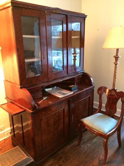 French 19th Century Mahogany Secretary with Matching Mahogany Veneer Leather Inlay Writing Surface with Gilt Brass Mounts, Advertised in 1946 Antique Magazine