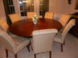 Wainright Round Pedestal Table
Pullout leaf supports, hooded casters
CT Home Interiors
~~~~~~~~~~~~
Ethan Allen Verlaine Side Chairs in Simpson Gold Fabric (Armless)
Set of 8