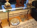Bombay & Co. glass-top sofa table with metal base