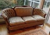 Fabulous vintage French Provincial 7 ft. sofa with carved wood frame.  In immaculate condition - brocade upholstery is perfect!  Comes with custom-made bark cloth slip cover.  Did I mention the matching chair?
