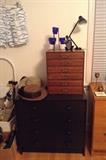 Black laminate chest, small 6-drawer oak cabinet with brass pulls, ladies hats & more...