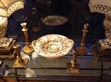 Gilt candlesticks + Italian centerpiece bowl with cherubs - matches lamps in next photo