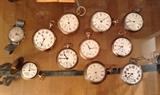 Pocket watches - makers include Waltham, Hamilton, Ingersoll + Breitling Model 17B wristwatch (c. 1940)