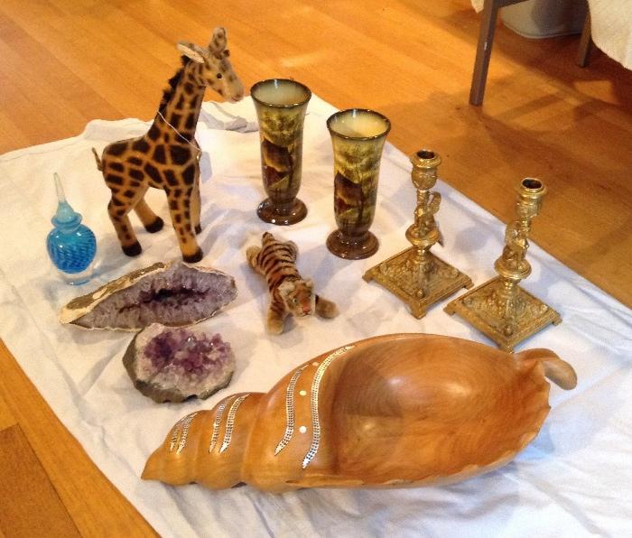 Amethyst crystals, Hermann mohair giraffe, Steiff tiger, pair of Schramberg majolica vases, pair of gilt candlesticks w/ griffins, shell-shaped wood bowl w/ abalone inlay