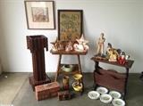 Vintage Chalk ware,  Antique plant stand , magazine rack, bottle cap man, Bavarian trout plates, Old fishing tackle box, Exene collage, old frame and mid century starfish lamps , Waller pottery