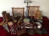 God Bless America old clock, Justin boots, JACK vintage belt, Ornate ashtray stand , old metal Indian toys, handmade knives, nudie bottle opener, old candle holders