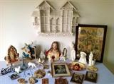 RELIGIOUS collection and Antique curio knick knack shelf