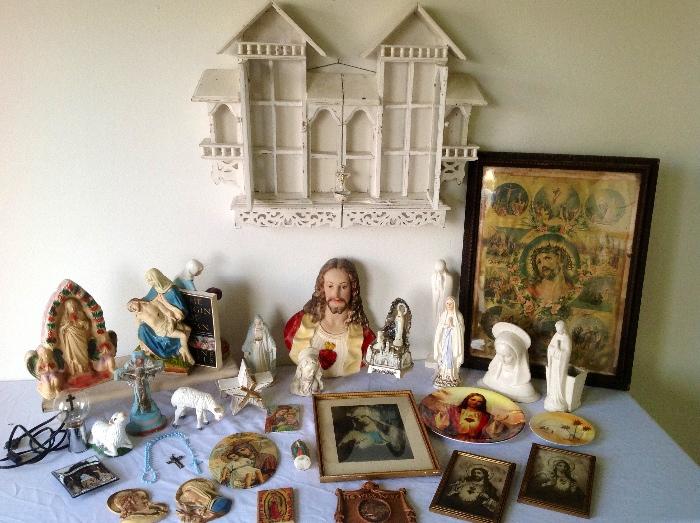RELIGIOUS collection and Antique curio knick knack shelf