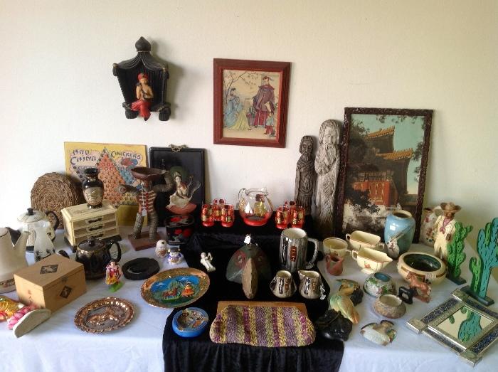 Vintage treasures and unique items from other lands, old mask, Roseville Pottery, cool mid century cocktail set 