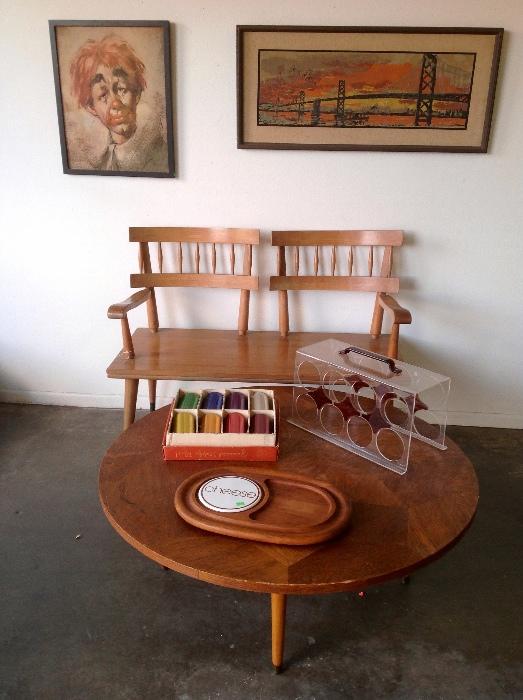 
Mid century bench and table 
Wine rack, cheese plate and aluminum cups
Clown art and SF Bay Bridge painted