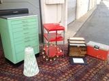 Great 8 drawer metal cabinet, 1920s rug, red metal kitchen cart, antique dental cabinet and old cooler