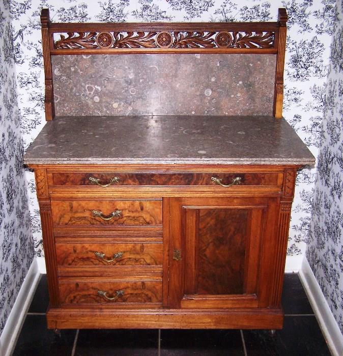 Stunning Antique Commode with Marble Top & Back