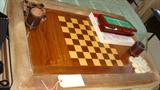 Suede game table (includes two single bench style seats)with wood inlay and game pieces