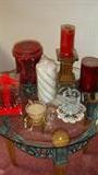 Candle assortment - round glass top occasional table - matches coffee table pictured elsewhere