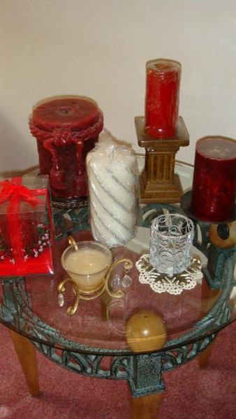 Candle assortment - round glass top occasional table - matches coffee table pictured elsewhere