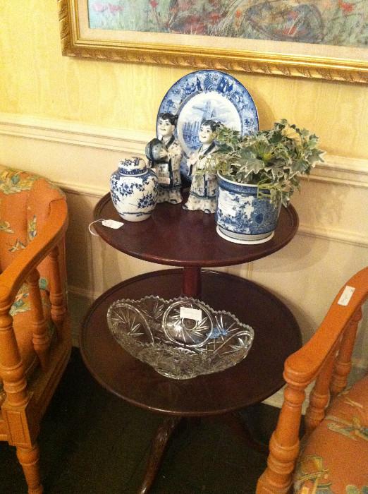                        tiered table; many blue/white items