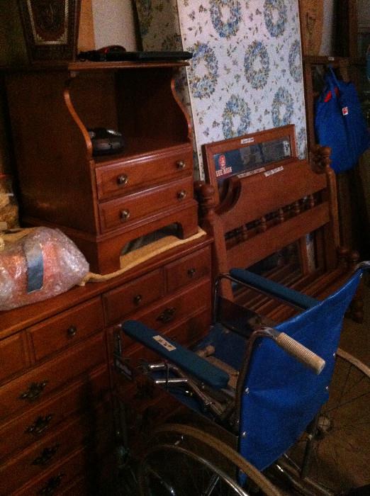     wheelchair; maple twin beds, nightstand, dresser