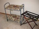 Painted and Stitched Server Cart on Wheels, Teak Luggage Rack