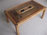 Custom Danish Modern exotic wood and brass inlay coffee table signed by artisan