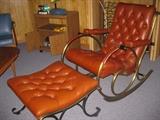 Lee Woodard Danish Modern, Mid-Century Tufted Leather Rocker and Ottoman Accents bronze and teak