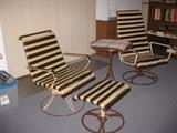 Retro Industrial Outdoor Vintage Lounge chairs and ottoman.  One is a rocker. Metal Bases