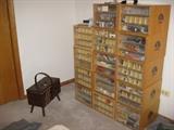 14 3-drawer DMC stitchery cabinets, Lot's of needlepoint kits and mesh, Knitting needles!