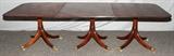 Lot#1045, IRISH MAHOGANY BANQUET DINING TABLE, H 28", W 45", L 72" (WITH 3 LEAVES & 3 PEDESTALS)A rectangular top with rounded corners raised on two pedestals, ( 3 pedestals when all the leaves are in place). Each with four splay legs ending in brass caps and casters, with 3 leaves, one at 36", and two at 18 1/2", for a total length 12 feet.  Purchased in Dublin, Ireland.
