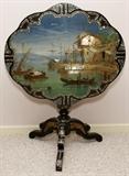 Lot#1048, ENGLISH MOTHER-OF-PEARL INLAID & BLACK LACQUER TABLE, C. 1900, H 28", TOP 27" X 32"Tilt style, pedestal base, black lacquer. Shaft, legs and border all inlaid with mother of pearl. Hand painted scene possibly Bay of Naples.