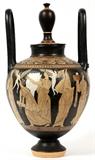 Lot#1065, CLASSICAL GREEK RED-FIGURE POTTERY NUPTIAL VESSEL, C. 1930, H 18"Or Lebes Gamikos, a Kerch style, characteristic tall loop handles and spiked lid. State Museum of the Hermitage, St. Petersburg, Russia.