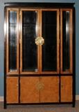 Lot#1114, CENTURY FURNITURE CO. BURL & EBONIZED WOOD CHINA CABINET, H 81", W 58", D 16"A pair of beveled glass doors above four cabinet doors.