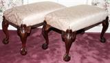 Lot#1131, GEORGIAN STYLE MAHOGANY & IVORY SILK UPHOLSTERED BENCHES, PAIR, H 20", L 33"Each upholstered seat is raised on cabriole legs ending in ball-and-claw feet.