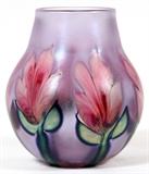 Lot#1197, DANIEL LOTTON, STUDIO GLASS VASE, 1998, H 7", DIA 6 1/2"Pink iridescent floral motif about, signed and dated "Daniel Lotton 1998" (see additional photo).