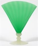 Lot#1200, STEUBEN GREEN JADE & ALABASTER GLASS FAN VASE, H 8 1/2", W 7'',Jade glass fan-form vase with subtle vertical ribbing and alabaster base, acid stamped signature.