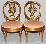 Lot#1234, LOUIS XVI STYLE GILT WOOD SIDE CHAIRS, PAIR,Each oval back has a pierced splat above an upholstered seat raised on fluted tapering legs.