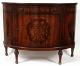 Lot#1251, IMPERIAL FURNITURE CO. MARQUETRY INLAID DEMI-LUNE CONSOLE, H 32", W 42", D 17"Having a rounded front, with marquetry inlay depicting leaf, floral and ewer designs; a single drawer above a floral marquetry inlaid door, turned spindle and fluted legs.
